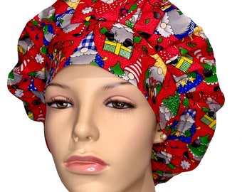 Scrub Caps Christmas Cheer Gnomes-ScrubHeads-Scrub Cap-Bouffant Scrub Hat-Anesthesia Scrub Hat-Gnomes With Present-Scrub Cap-Christmas Gnome