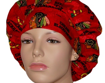Scrub Caps Chicago Blackhawks Red Tone On Tone Fabric-ScrubHeads-NHL Cotton Fabric-Blackhawks Scrub Hat-Chicago Scrub Hat-Hockey Scrub Hat