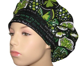 Scrub Hats St. Patricks Day Kiss Me I'm Irish Shamrocks-ScrubHeads-Bouffant Scrub Hat-Shamrocks Scrub Hat-Surgical Scrub Cap For Women