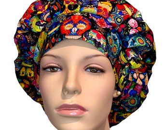 Scrub Hats Day Of The Dead Folklore-ScrubHeads-Skulls Scrub Hat-Skulls Bouffant Scrub Hat-Scrub Caps-Women's Scrub Hat-Anesthesia Scrub Hat