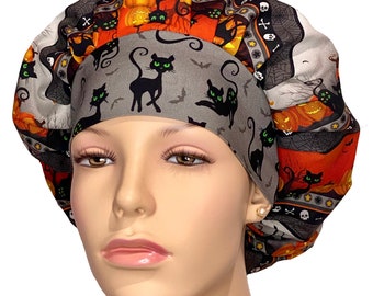 Scrub Caps Halloween Black Cats Moonlight Magic-Bouffant Scrub Hat-Women Scrub Hats-ScrubHeads-Scrub Caps-Veterinarian Hat-Fabric Scrub Hats