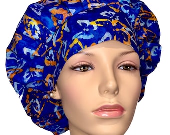 Batik Royal Blue Butterflies Scrub Hat-Scrub hats-Scrub Caps-ScrubHeads-Surgical Hat-Surgical Cap-Bouffant Scrub Hat-Women's Scrub Hat