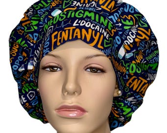 Scrub Cap Anesthesia Drugs Scribbles Navy Fabric-ScrubHeads-Bouffant Scrub Hat-Anesthesiologist-Sedation-General Anesthesia-CRNA Medications