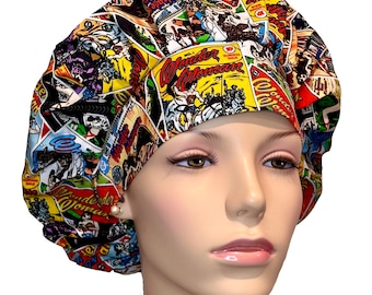 Scrub Hats Wonder Woman Comic Stack Fabric-ScrubHeads-Scrub Caps-Bouffant Scrub Hat-Etsy Scrub Hats-Scrub Hats for Women-Superhero Scrub Hat