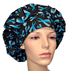 Scrub Caps Teal Ribbons On Black-ScrubHeads-Ovarian Cancer-Bouffant Scrub Hat-Scrub Cap-Fabric Scrub Hat-Awareness Scrub Hat-Etsy Scrub Hat-