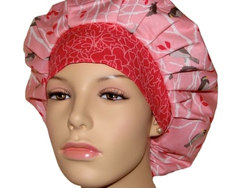 Scrub Hats Cottage Garden Birds in Pinks-ScrubHeads-Bouffant Scrub Hat-Birds Scrub Hat-Pink Scrub Hat-Fabric Scrub Hat-Scrub Cap