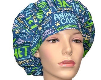 Scrub Cap Veterinarian Fabric-ScrubHeads-Bouffant Scrub Hat-Cats Dogs Scrub Hat-Veterinarian-Vet Tech-Small Animals-Animal Care-Vet Checkup