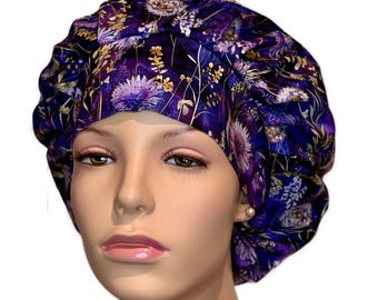 Scrub Caps Night Floral Field Plum Cotton Fabric-ScrubHeads-Scrub Cap-Scrub Hats For Women-Scrub Hat-Wildflowers-Fabric Scrub Hats