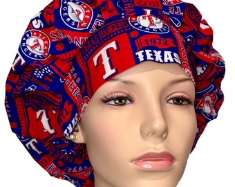 Scrub Caps Texas Rangers Block Cotton Fabric-ScrubHeads-Baseball Scrub Hat-Scrub Hat For Women-Texas Scrub Hat-Texas-Bouffant Scrub Hat