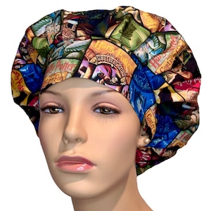 May include: A colorful surgical scrub hat with a Harry Potter theme. The hat features a patchwork design of book covers from the Harry Potter series. The book covers include titles like "Harry Potter and the Sorcerer's Stone", "Harry Potter and the Chamber of Secrets", and "Harry Potter and the Goblet of Fire".