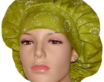 Scrub Hats Stitched Doodle Flowers Green-ScrubHeads-Bouffant Scrub Hat-Scrub Hats For Women-Fabric Scrub Hat-Floral Scrub Hat-Etsy Scrub Hat