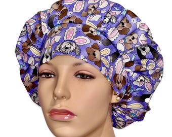 Scrub Hats Easter Pups In Bunny Ears-Scrub Caps-ScrubHeads-Easter Scrub Hat-Scrub Hats For Women-Holiday Scrub Hats-Purple Easter Pup Fabric