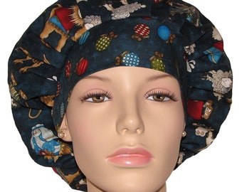 Scrub Caps Christmas Away In The Manger Fabric-Scrub Hat-Bouffant Scrub Hat-ScrubHeads-Holiday Scrub Hat-Santa Scrub Hat-Christmas Scrub Hat