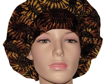 Scrub Hats Batik Sunflowers-ScrubHeads-Black And Yellow Sunflower Fabric-Fabric Scrub Hat-Sunflower Scrub Hat-Floral Batik Scrub Hat