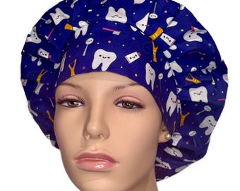 Scrub Caps Happy Teeth And Friends-ScrubHeads-Scrub Cap-Bouffant Scrub Hat-Teeth Scrub Hat-Dental Scrub Hat-Teeth Toothbrush Flosser