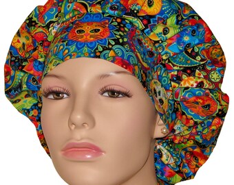 Scrub Caps Sugar Skull Cats Fabric-Bouffant Scrub Hat-ScrubHeads-Cats-Scrub Cap-Cats Scrub Hat-Veterinarian Scrub Hat-Vet Tech Scrub Hat