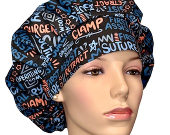 Scrub Cap First Assist Scribbles Black Fabric-ScrubHeads-Bouffant Scrub Hat-First Assistant-Anesthesiologist-Sedation-General Anesthesia