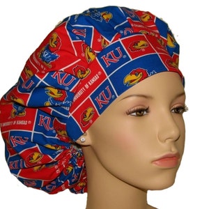 Scrub Caps Kansas Cotton Fabric-ScrubHeads-Kansas Scrub Hat-Scrub Cap-Bouffant Scrub Hat-Surgical Scrub Hat-KU Jayhawks-College Teams