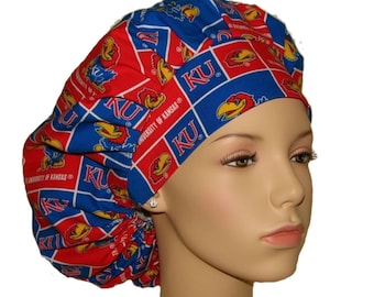 Scrub Caps Kansas Cotton Fabric-ScrubHeads-Kansas Scrub Hat-Scrub Cap-Bouffant Scrub Hat-Surgical Scrub Hat-KU Jayhawks-College Teams