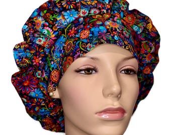 Scrub Caps Bright Folk Art Flowers Cotton Fabric-ScrubHeads-Scrub Cap-Scrub Hats For Women-Scrub Hat-Folk Art Flowers-Fabric Scrub Hats