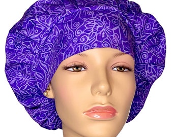 Scrub Cap Batik Purple Floral Doodles-ScrubHeads-Fabric Scrub Hats-Women's Scrub Hat-Batik Scrub Hat-Etsy Scrub Hats-Bouffant Hat-Scrub Caps