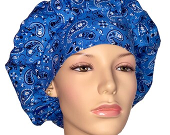 Scrub Caps Azure Bandana-ScrubHeads-Scrub Cap-Bouffant Scrub Hat-Fabric Scrub Hat-Women's Scrub Hat-Red White Blue-Paisley Bandana Scrub Hat