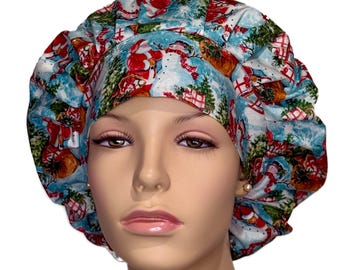 Scrub Caps Christmas Winter Scene-ScrubHeads-Scrub Cap-Christmas Scrub Hat-Fabric Scrub Hat-Snowmen Santa-Etsy Scrub Hats-Bouffant Cap