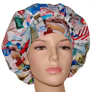 Scrub Hats American Road Trip Postcards-ScrubHeads-Scrub Caps-Bouffant Scrub Hats-Surgical Scrub Hat-Women&#39;s Scrub Hat-Road Trip Scrub Hat