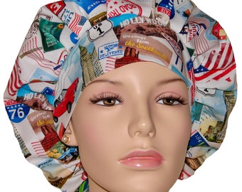 Scrub Hats American Road Trip Postcards-ScrubHeads-Scrub Caps-Bouffant Scrub Hats-Surgical Scrub Hat-Women's Scrub Hat-Road Trip Scrub Hat