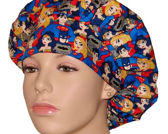 Scrub Hats Junior Justice League Fabric-ScrubHeads-Scrub Caps-Bouffant Scrub Hat-Etsy Scrub Hats-Scrub Hats for Women-Superhero Scrub Hats