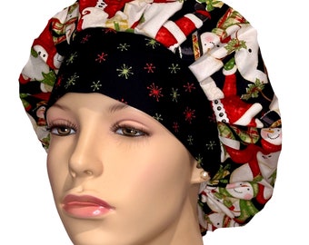 Scrub Hats Christmas Winter Greetings Snowmen And Santa-ScrubHeads-Bouffant Scrub Hat-Scrub Cap-Anesthesia Scrub Hat-Holiday Scrub Hats
