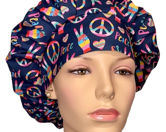 Scrub Caps Dusky Navy Peace Love-Scrub Caps-Fabric Scrub Hats-Peace Signs-Bouffant Scrub Hats-ScrubHeads-Etsy Scrub Hats-Women's Scrub Hats