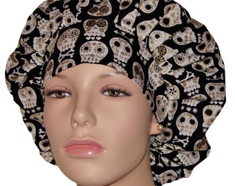 Scrub Caps Bonehead Sugar Skulls-ScrubHeads-Scrub Caps-Fun Scrub Hats-Black Sugar Skulls-Fabric Scrub Hat-Women's Scrub Hat-Skulls Scrub Hat