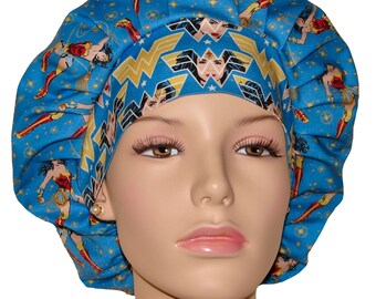 Scrub Hats Wonder Woman Fabric-ScrubHeads-Scrub Caps-Bouffant Scrub Hat-Etsy Scrub Hats-Scrub Hats for Women-Superhero Scrub Hats