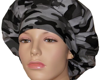 Scrub Hats Gray And Black Camouflage-Scrubheads-Scrub Caps-Fabric Scrub Hat-Bouffant Scrub Hat-Camoflauge Scrub Hat-Anesthesia Scrub Hat