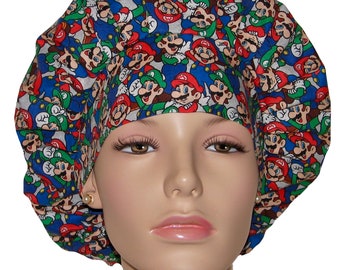 Scrub Caps Mario And Luigi Cotton Fabric-ScrubHeads-Scrub Cap-Bouffant Scrub Hat-Etsy Scrub Hats-Scrub Hats for Women-Pediatrics Scrub Hat