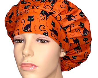 Scrub Caps Halloween Black Cats Crossing-Bouffant Scrub Hats-Women's Scrub Hats-ScrubHeads-Scrub Caps-Veterinarian Hat-Fabric Scrub Hats