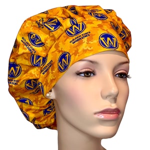 Scrub Caps Golden State Warriors Camo Fabric-ScrubHeads-Golden State Scrub Hat-Bouffant Scrub Hat-Warriors Scrub Hat-Basketball Scrub Hat