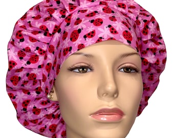 Scrub Caps Pink Garden Ladybugs-ScrubHeads-Scrub Hats For Women-Bouffant Scrub Cap-Ladybugs Scrub Hat-Pink Scrub Cap-Etsy Scrub Hats