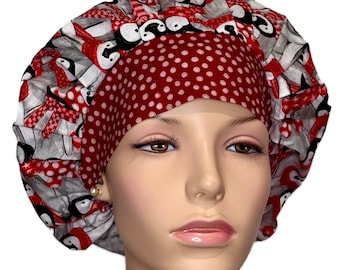 Scrub Caps Christmas Packed Penguin Party Fabric-ScrubHeads-Scrub Cap-Surgical Caps-Bouffant Cap-Etsy Scrub Hats-Holiday Scrub Hats-Penguins
