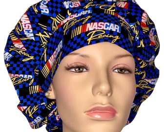 Scrub Caps Nascar Racing Fabric-ScrubHeads-Scrub Cap-Scrub Caps For Women-Checkered Flag Scrub Hat-Anesthesia Scrub Hat-Nascar-Racing Fabric