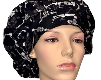 Scrub Caps Yoga Skeletons-Black Skeletons-Bouffant Scrub Hat-Women's Scrub Hat-Yoga Fabric-Scrub Cap-ScrubHeads-Surgical Hat-Etsy Scrub Hats