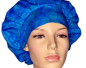 Scrub Hat Batik Simple Blooms Dark Turquoise-ScrubHeads-Fabric Scrub Hats-Women's Scrub Hat-Batik Scrub Hat-Etsy Scrub Hats-Bouffant Hat