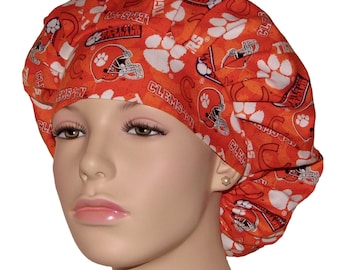 Scrub Hats Clemson Tigers Tone On Tone Fabric-Bouffant Scrub Hats-ScrubHeads-Clemson Scrub Hat-Surgical Caps For Women-Anesthesia Scrub Hats