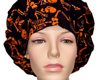 Scrub Caps Halloween Dancing Skeletons Black Batik Fabric-Orange Skeletons-Scrub Hat-Women's Scrub Hats-Scrub Cap-ScrubHeads-Etsy Scrub Hats