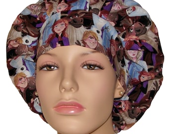 Scrub Hats Frozen Characters Fabric-ScrubHeads-Bouffant Scrub Hats-Pediatrics Scrub Hat-Scrub Caps for Women-Fun Scrub Hats-Scrub Cap