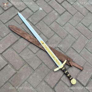 Merlin Excalibur Sword-Legendary Medieval Replica with Engraved Blade & Leather Grip, Best Gift for Him | Father&#39;s, Anniversary, Groomsmen.