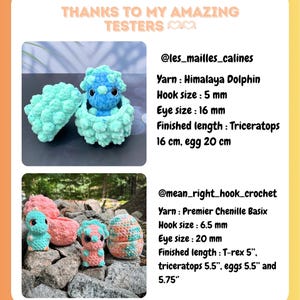 May include: Crocheted dinosaur toys in various colors, including blue, pink, and orange. One dinosaur is inside a crocheted egg. The image includes text that says "THANKS TO MY AMAZING TESTERS".