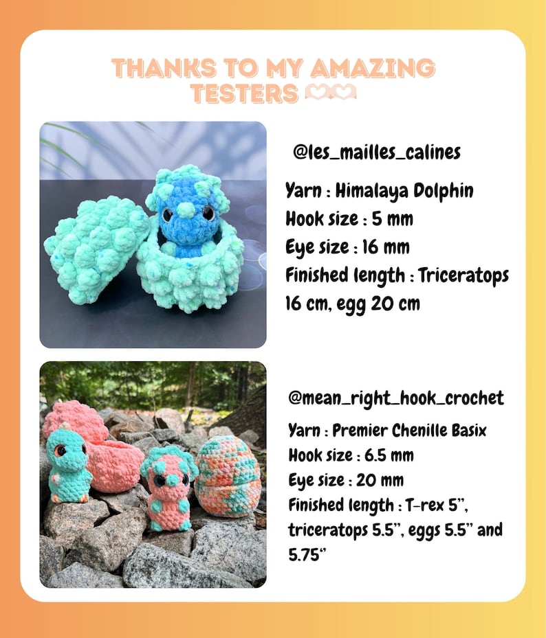 May include: Crocheted dinosaur toys in various colors, including blue, pink, and orange. One dinosaur is inside a crocheted egg. The image includes text that says "THANKS TO MY AMAZING TESTERS".