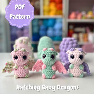 Crochet Hatching Baby Dragons and Eggs Pattern, Low-sew and No-sew Amigurumi Pattern